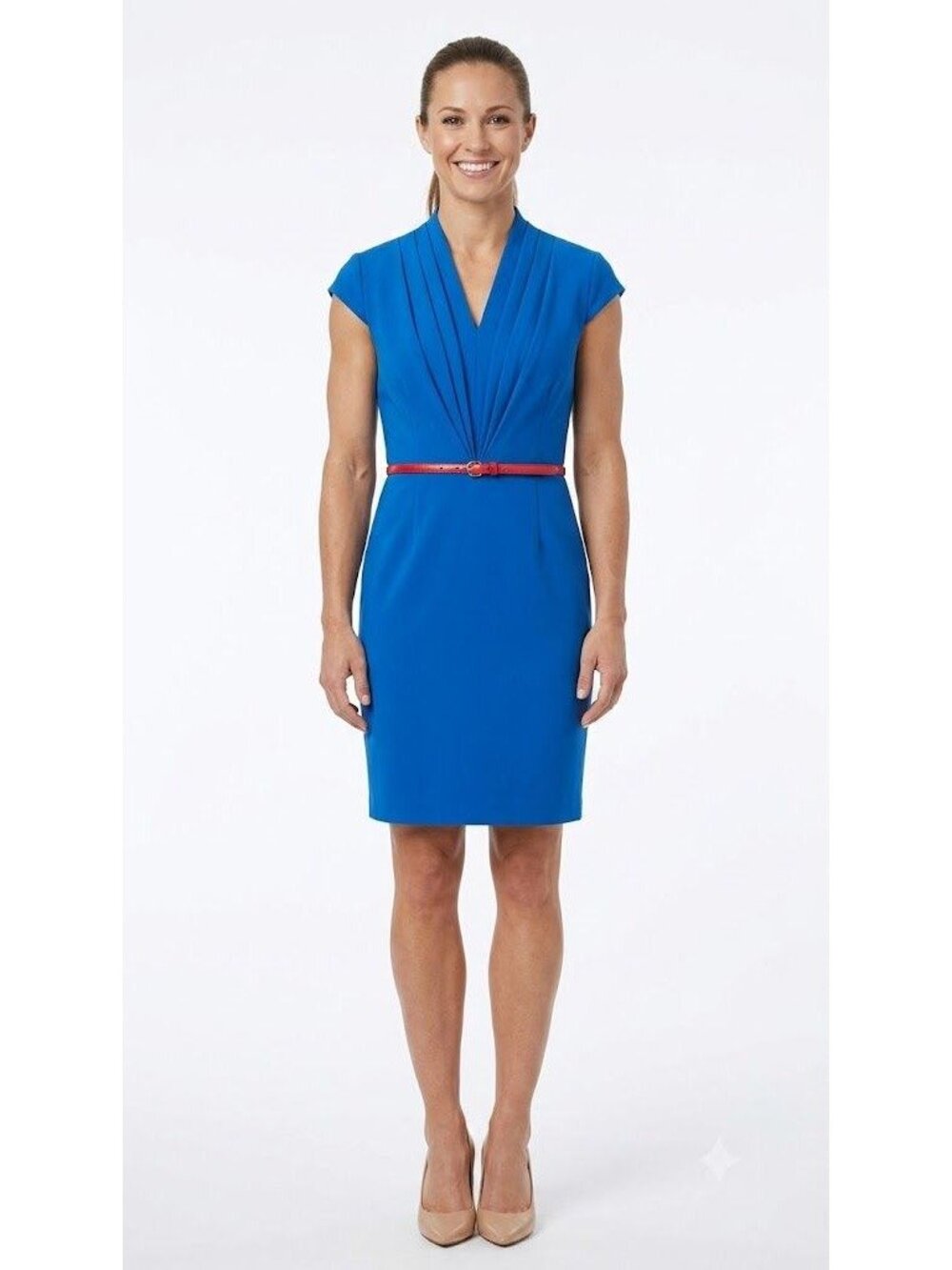 Calvin Klein Blue Cap-Sleeve Dress Pleated V-Neckline Red Skinny Belt Size 10